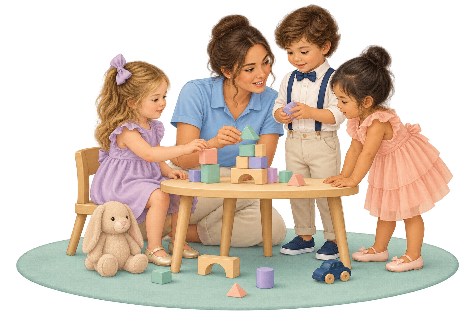 Ilustración de una monitora atendiendo a tres niños alrededor de una mesa
